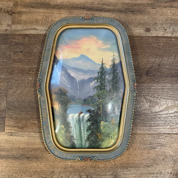 Antique Convex Bubble Frame Hexagonal Floral Carved Wood Mountain Waterfall READ - Picture 1 of 11
